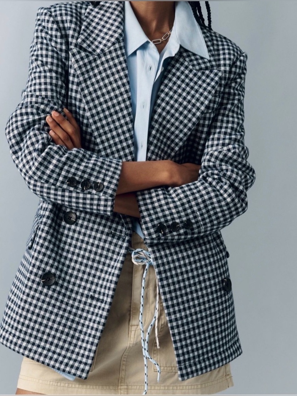 Avec Les Filles Gingham Blazer Navy White Double Breasted XS Petite NWT